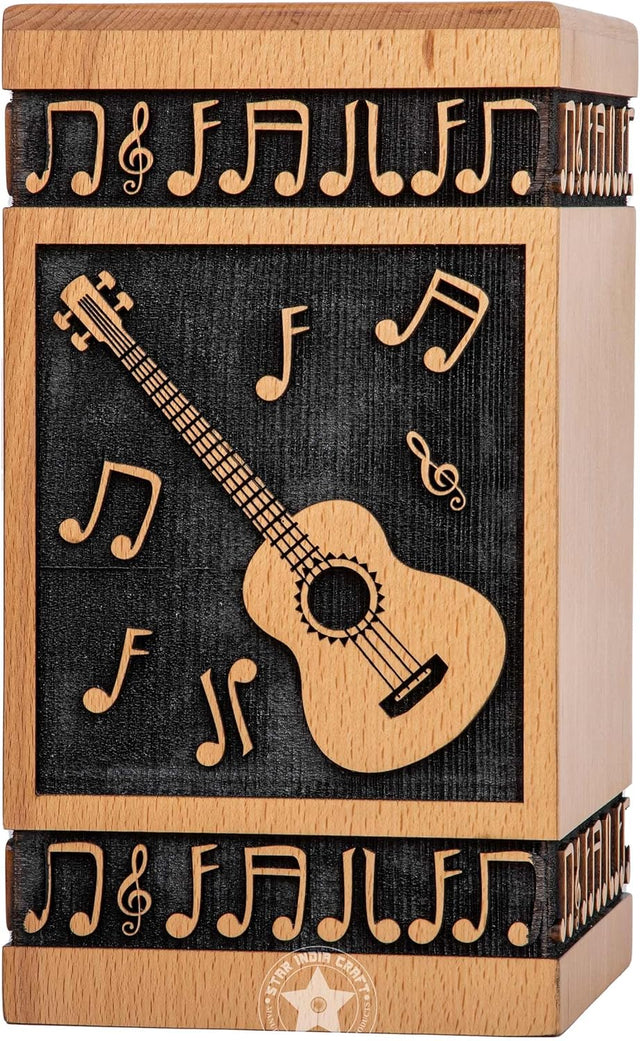 Handcarved Wooden Cremation Urn – Guitar Design Memorial Urn – Suitable for Pet Ashes or Small Child – 20lbs Capacity