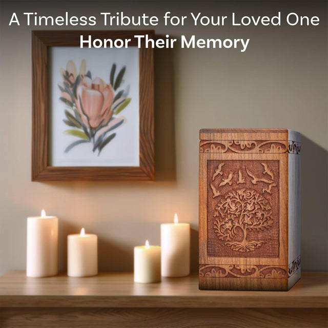 Handcarved Wooden Cremation Urn for Human Ashes - Tree of Life Design