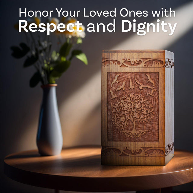 Handcarved Wooden Cremation Urn for Human Ashes - Tree of Life Design