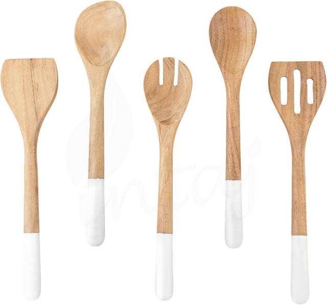 Handcrafted Teak Wooden Cooking Spoons – Ergonomic Stirring, Mixing, Scraping & Serving – Ideal for Nonstick, Cast Iron & Ceramic Cookware – Suitable for Everyday Use – 5 Piece Kitchen Utensils Set