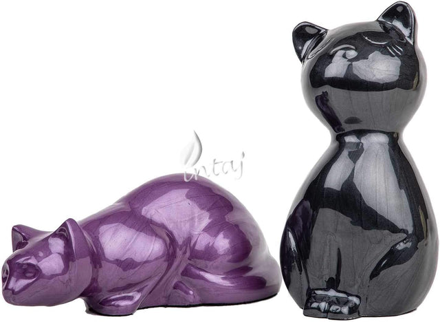 Handcarved Cremation Urn – Purple Cat Design – Suitable for Dogs & Cats – Stnd (9x4.5)