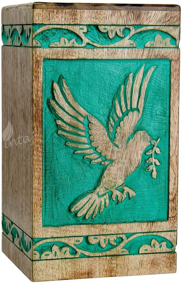 Handcarved Wooden Cremation Urn – Teal Green Rosewood Design – Suitable for Adult Men & Women, Mom & Dad – 118 Cu/in Capacity