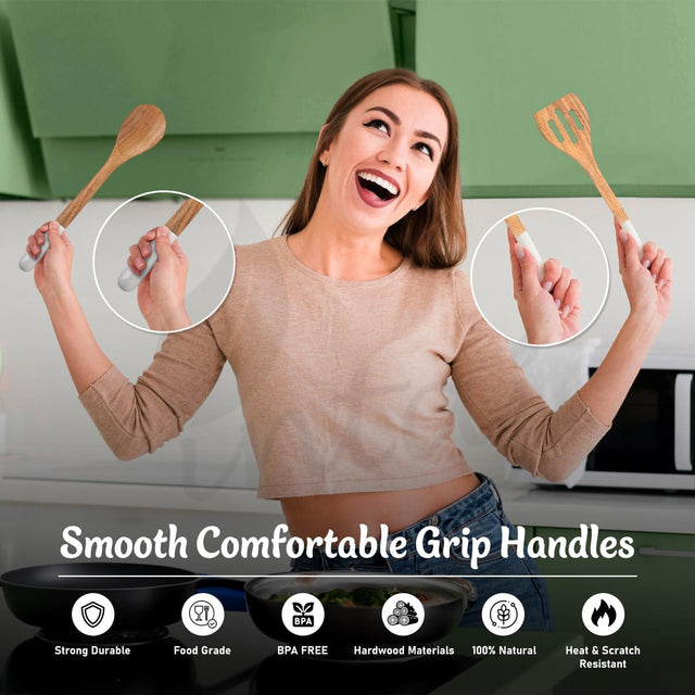 Handcrafted Teak Wooden Cooking Spoons – Ergonomic Stirring, Mixing, Scraping & Serving – Ideal for Nonstick, Cast Iron & Ceramic Cookware – Suitable for Everyday Use – 5 Piece Kitchen Utensils Set
