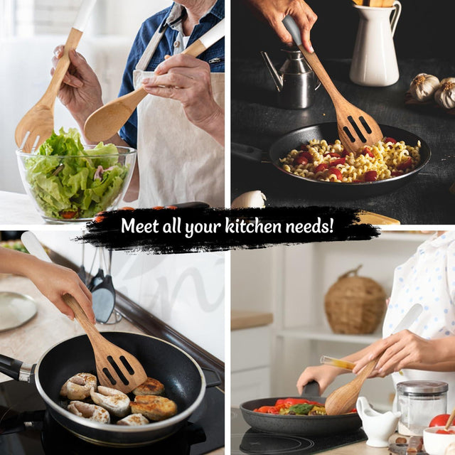 Handcrafted Teak Wooden Cooking Spoons – Ergonomic Stirring, Mixing, Scraping & Serving – Ideal for Nonstick, Cast Iron & Ceramic Cookware – Suitable for Everyday Use – 5 Piece Kitchen Utensils Set