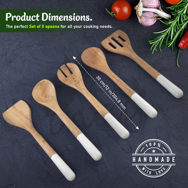 Handcrafted Teak Wooden Cooking Spoons – Ergonomic Stirring, Mixing, Scraping & Serving – Ideal for Nonstick, Cast Iron & Ceramic Cookware – Suitable for Everyday Use – 5 Piece Kitchen Utensils Set