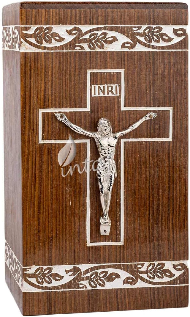 Handcarved Wooden Cremation Urn – Grace and Mercy Cross Design – Suitable for Adult Men & Women, Mom & Dad – 250 Cu/in Capacity