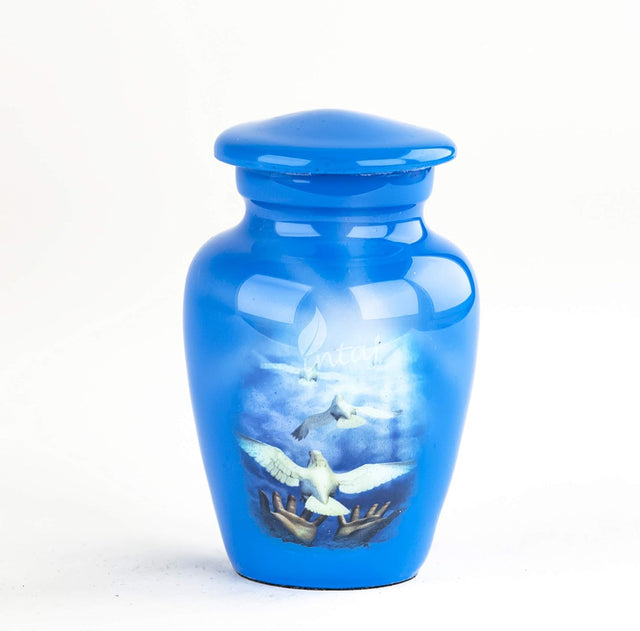 Handcrafted Keepsake Cremation Urn – SkyBlue Dove Design – Suitable for Adult Men & Women – Mini Size (1 Unit)