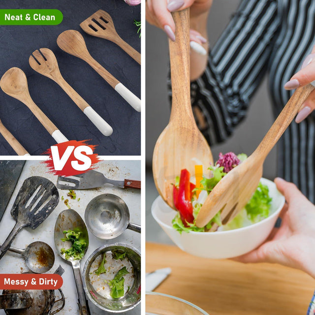 Handcrafted Teak Wooden Cooking Spoons – Ergonomic Stirring, Mixing, Scraping & Serving – Ideal for Nonstick, Cast Iron & Ceramic Cookware – Suitable for Everyday Use – 5 Piece Kitchen Utensils Set