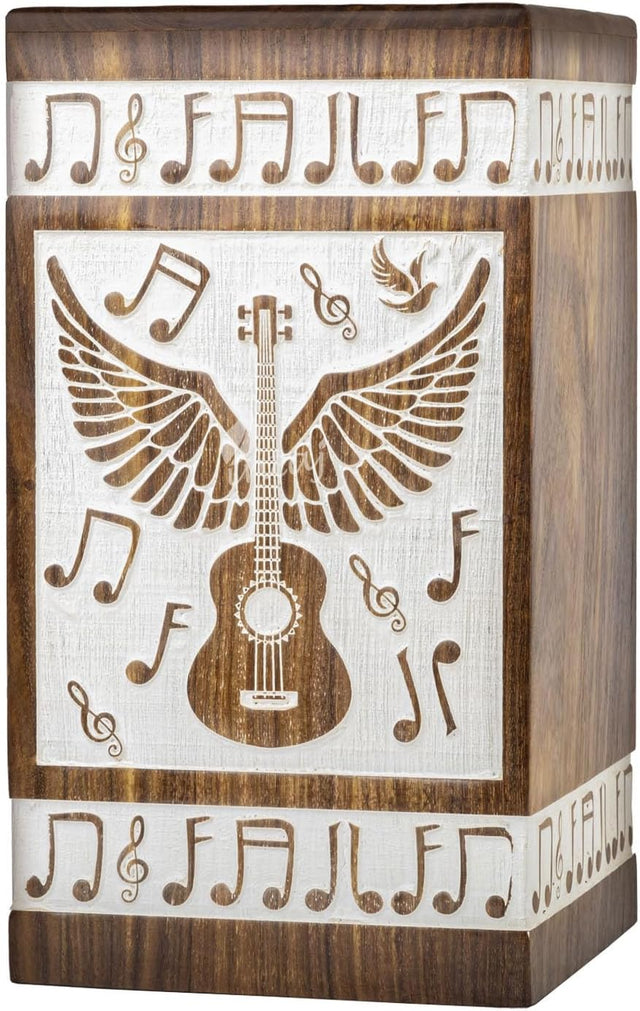 Handcarved Wooden Cremation Urn – Guitar Wings Design in Antique Rosewood – Suitable for Adult Men & Women, Mom & Dad – 250 Cu/in Capacity (Large)