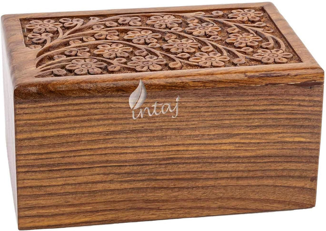 Handcarved Wooden Cremation Urn – Tree of Life Design – Suitable for Adult Men & Women – 185lbs Capacity