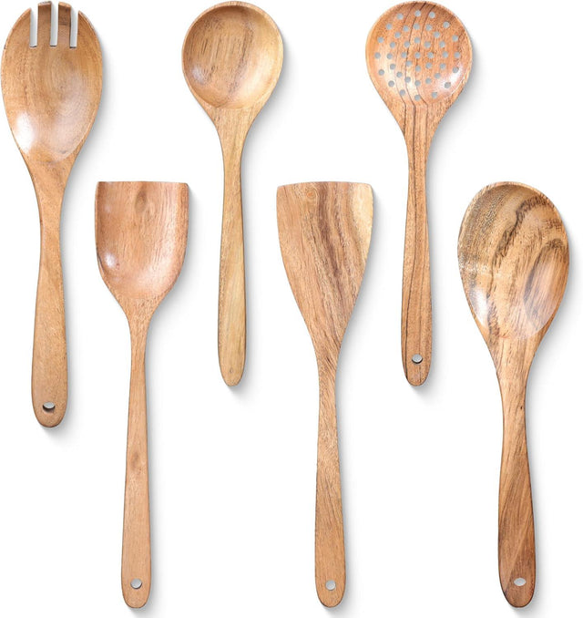 Handcrafted Teak Wooden Cooking Spoons – Ergonomic Stirring, Mixing, Scraping & Serving – Durable & Nonstick Safe – Ideal for Nonstick, Cast Iron & Ceramic Cookware – 6 Piece Set