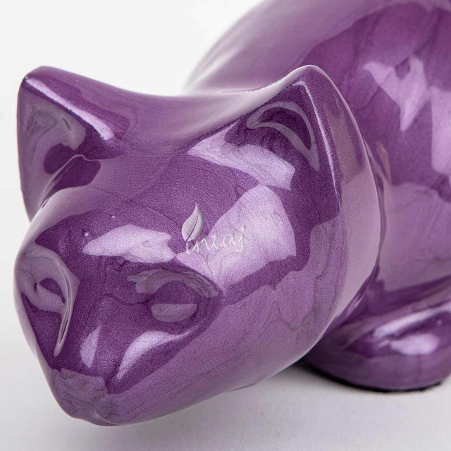 Handcarved Cremation Urn – Purple Cat Design – Suitable for Dogs & Cats – Stnd (9x4.5)
