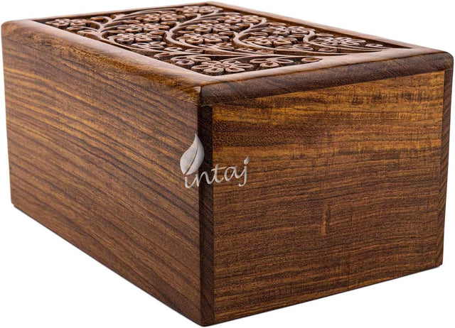Handcarved Wooden Cremation Urn – Tree of Life Design – Suitable for Adult Men & Women – 185lbs Capacity