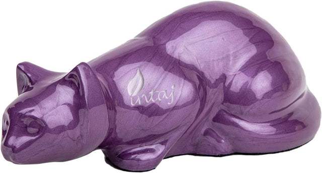 Handcarved Cremation Urn – Purple Cat Design – Suitable for Dogs & Cats – Stnd (9x4.5)
