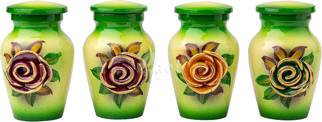 Handcrafted Floral Cremation Urn – Olive Green Rose Design – Suitable for Adult Men & Women – Keepsake Set of 4