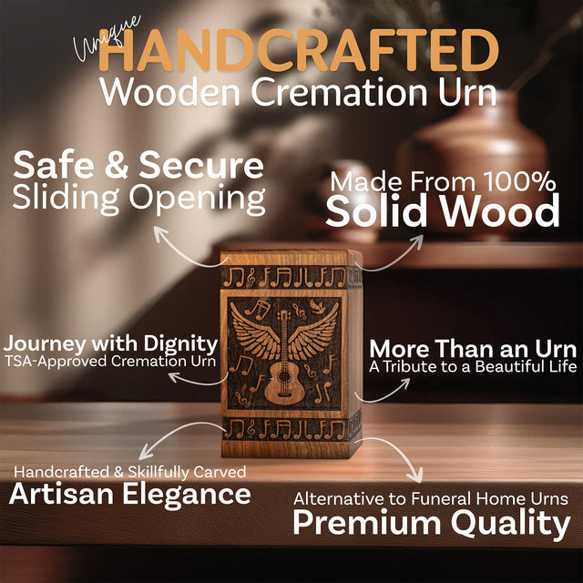 Handcrafted Wooden Cremation Urn – Guitar Wings of Angel – Suitable for Men, Women, Mom & Dad – 250lbs