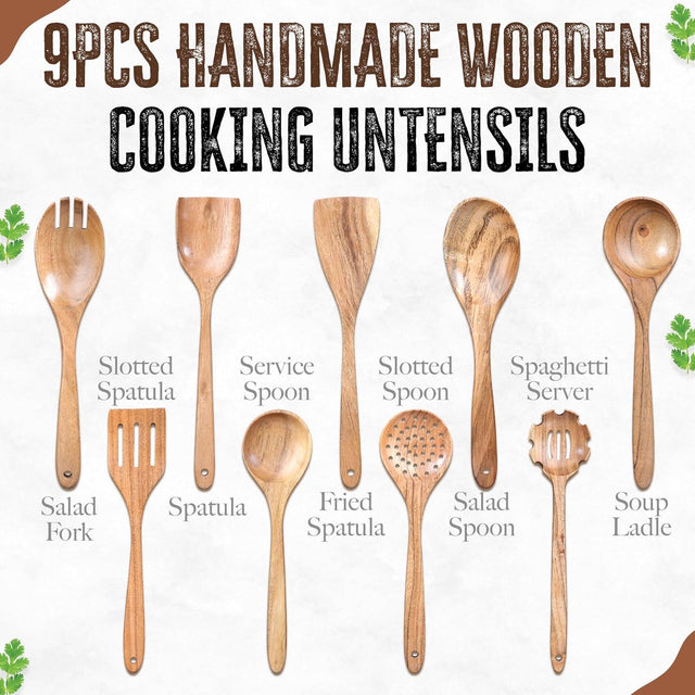 Handcrafted Teak Wooden Cooking Spoons – Ergonomic Stirring, Mixing, Scraping & Serving – Durable & Nonstick Safe – Ideal for Nonstick, Cast Iron & Ceramic Cookware – 9 Piece Set