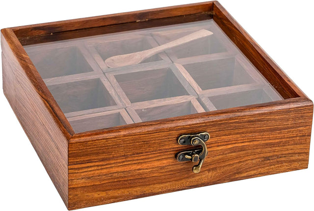 Handmade Spice Box - Wood Spice Containers for Kitchen - Rosewood Spice Racks Organizers Handcrafted - Wooden Masala Box (Rosewood, 8x8x2.5-9 Racks)