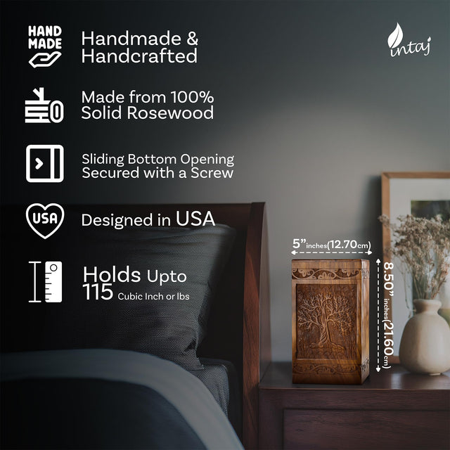 Mini Rosewood Keepsake Urn – Tree of Life – Suitable for Men, Women, Mom & Dad – 20lbs