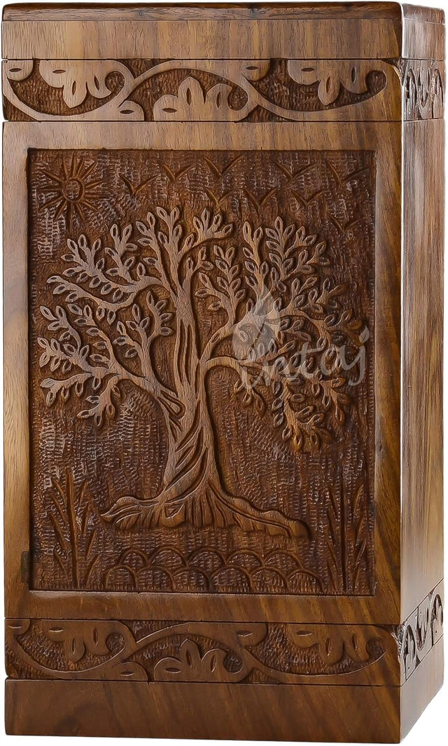 Handcarved Wooden Cremation Urn – Tree of Life Design – Suitable for Adult Men & Women, Children & Pets – 180 Cubic Inch Capacity