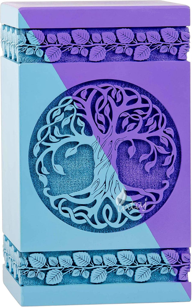 Handcarved Wooden Cremation Urn – Celtic Knot Tree of Life – Suitable for Adult Men & Women, Mom & Dad – 180 Cu/in Capacity – SkyBlue Purple Finish (Medium, 9.5x5.5")