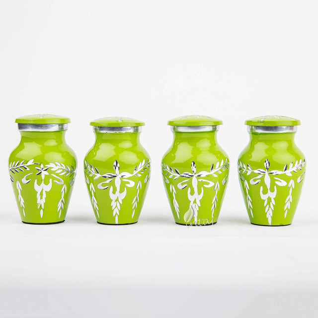 Handcrafted Cremation Urn Set – Diamond Cut Lime Green Design – Suitable for Adult Men & Women, Mom & Dad – Keepsake Size (Set of 4)