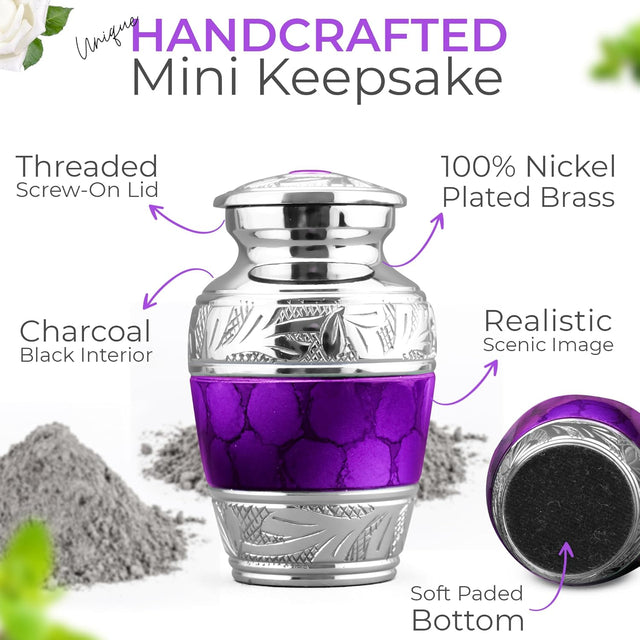 Handcrafted Brass Cremation Keepsake Urn – Engraved Peaceful Dark Purple Design – Suitable for Men & Women