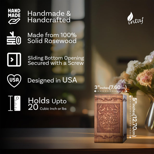 Tree of Life Wooden Urn – Suitable for Men, Women, Mom & Dad – 20lbs Capacity – Mini Rosewood Keepsake Cremation Urn