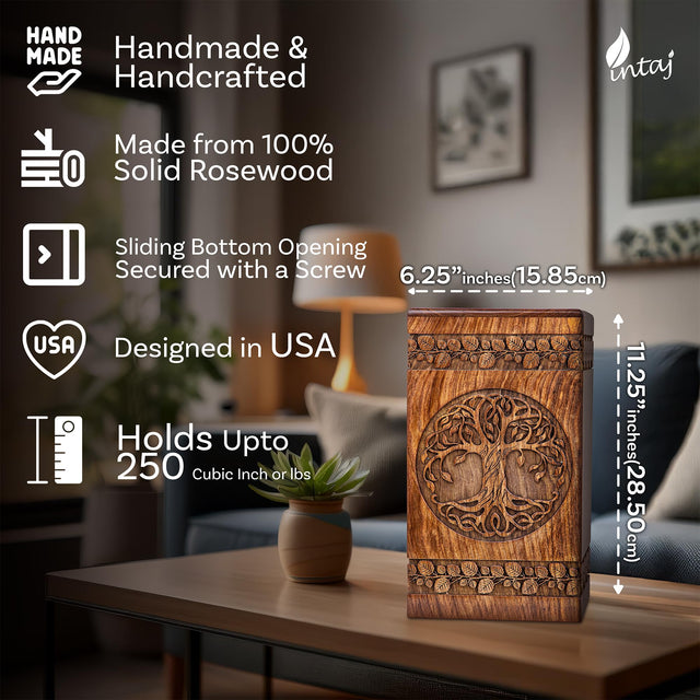 Hand-Carved Wooden Cremation Urn – Tree of Life – Suitable for Adult Male & Female – 250lbs