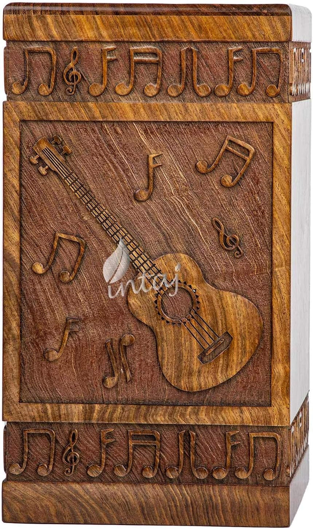 Handcarved Wooden Cremation Urn – Guitar Design Memorial Urn – Suitable for Adult Men & Women, Children & Pets – 250lbs Capacity