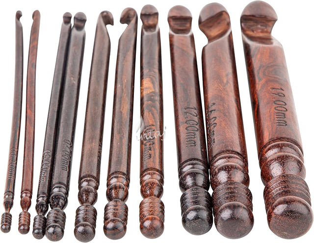 Rosewood Jumbo Crochet Hook Set Handmade, 15 Sizes Upto 25MM Wooden Crochet Hooks for Knitting, Size Engraved - Wooden Yarn Bowl Crochet Hook Accessories (Set of 7 3.5-10mm, Rosewood)