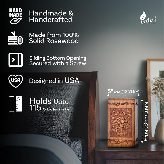 Handcarved Wooden Cremation Urn – Tree of Life Design – Suitable for Men & Women, Mom & Dad – 115lbs Capacity