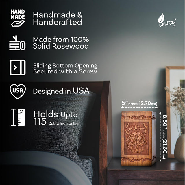 Tree of Life Wooden Urn – Suitable for Men, Women, Mom & Dad – 20lbs Capacity – Mini Rosewood Keepsake Cremation Urn