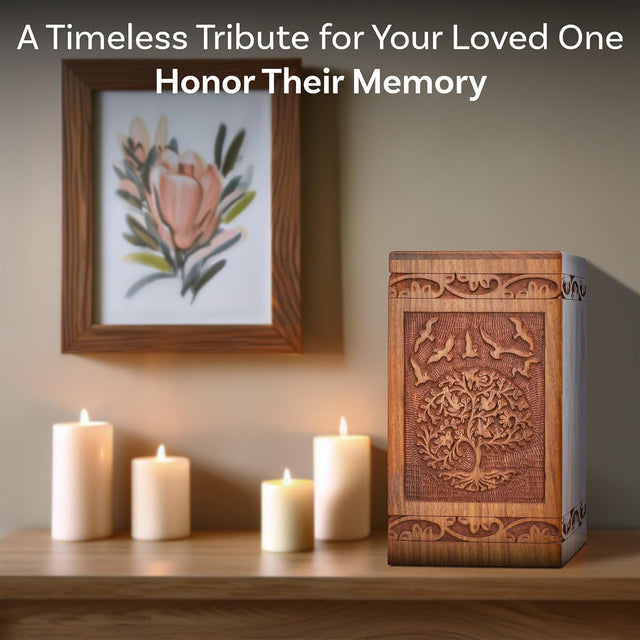 Handcarved Wooden Cremation Urn – Tree of Life Design – Suitable for Men & Women, Mom & Dad – 115lbs Capacity