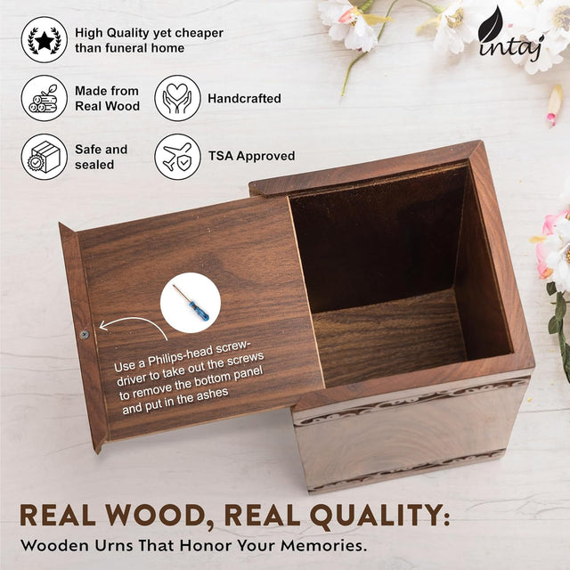 Handcarved Wooden Cremation Urn – Tree of Life Design – Suitable for Adult Men & Women, Children & Pets – 180 Cubic Inch Capacity