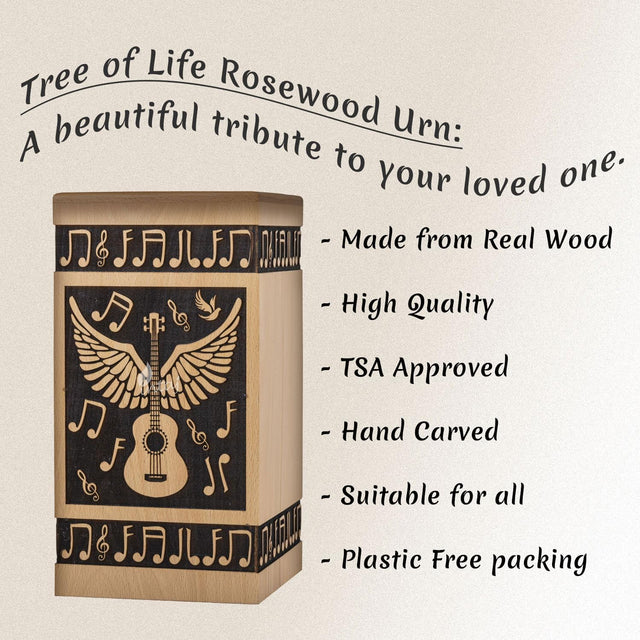 Handcarved Wooden Cremation Urn – Guitar Wings Design in Beechwood – Suitable for Adult Men & Women, Mom & Dad – 115 Cu/in Capacity