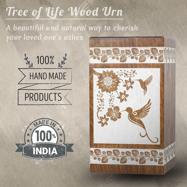 Handcarved Wooden Cremation Urn – Hummingbird Design in Rosewood – Suitable for Adult Men & Women, Mom & Dad, Pets – 115lbs Capacity