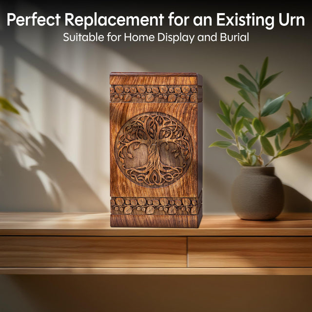 Handcarved Wooden Cremation Urn – Celtic Knot Tree of Life – Suitable for Adult Men & Women, Mom & Dad – 180lbs Capacity