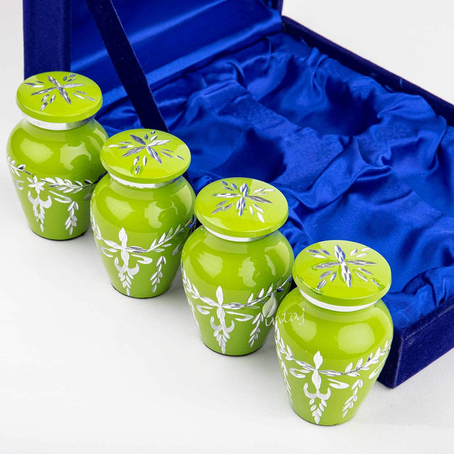 Handcrafted Cremation Urn Set – Diamond Cut Lime Green Design – Suitable for Adult Men & Women, Mom & Dad – Keepsake Size (Set of 4)