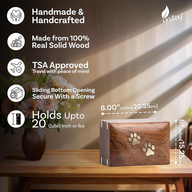 Handcarved Wooden Pet Cremation Urn – Custom Engraved Rosewood with Two Paws Inlaid Design – Suitable for Pets – 121lbs Capacity