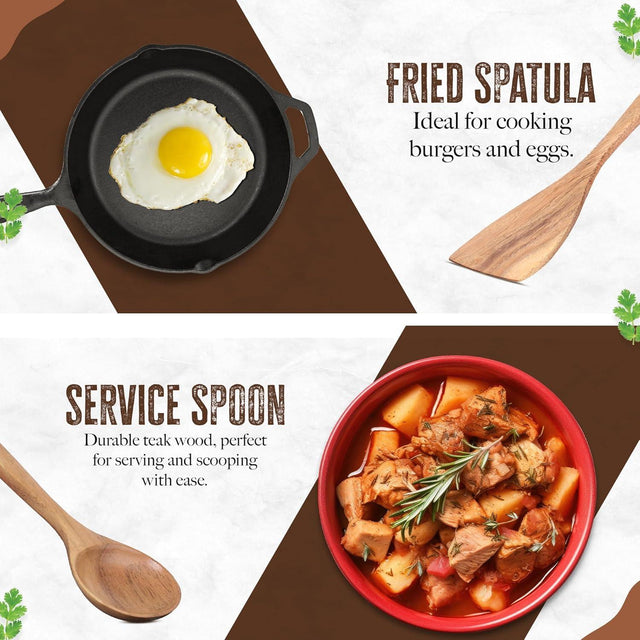 Handcrafted Teak Wooden Cooking Spoons – Ergonomic Stirring, Mixing, Scraping & Serving – Durable & Nonstick Safe – Ideal for Nonstick, Cast Iron & Ceramic Cookware – 6 Piece Set