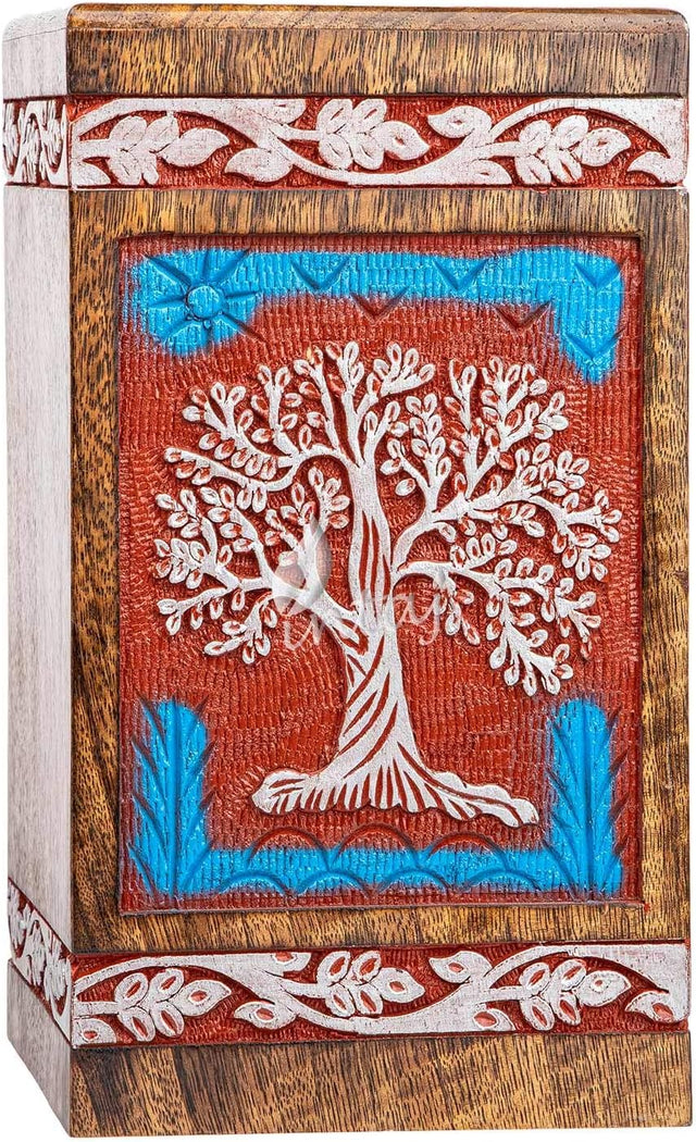 Handcarved Wooden Cremation Urn – Tree of Life Design – Suitable for Adult Men & Women, Mom & Dad, and Dogs – 180 Cu/in Capacity