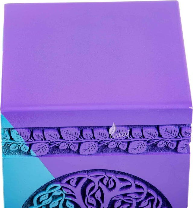 Handcarved Wooden Cremation Urn – Celtic Knot Tree of Life – Suitable for Adult Men & Women, Mom & Dad – 640 Cu/in Capacity – SkyBlue Purple Finish (XL, 14x7.5")