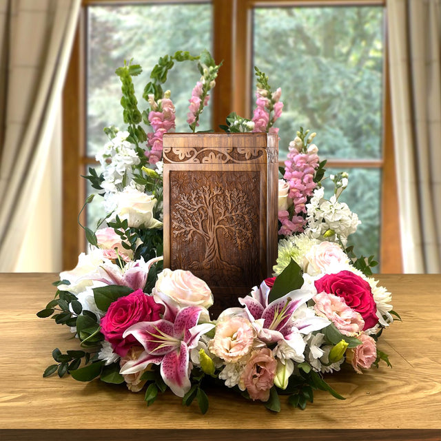 Handcarved Wooden Cremation Urn – Tree of Life – Suitable for Adults – 640lbs Capacity