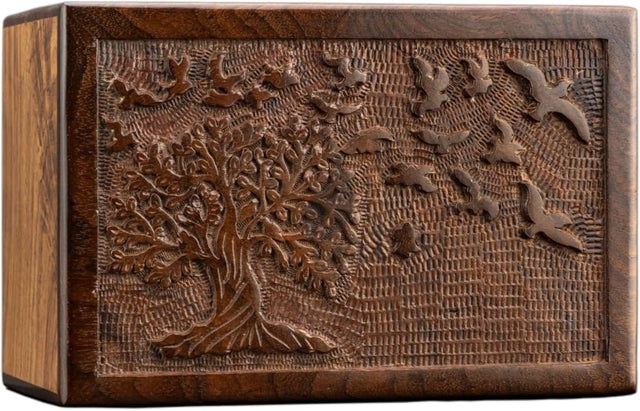 Handcarved Wooden Cremation Urn – Tree of Life Design – Suitable for Adult Men & Women, Mom & Dad, Children & Pets – 200 Cu/in Capacity