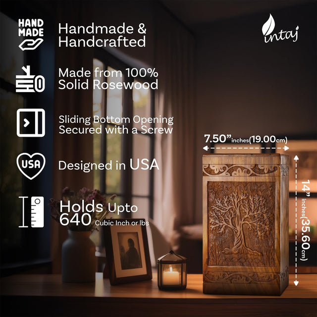 Handcarved Wooden Cremation Urn – Tree of Life – Suitable for Adults – 640lbs Capacity