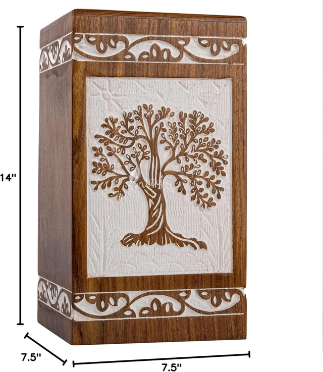 Handcarved Wooden Cremation Urn – Tree of Life Design in Antique Rosewood – Suitable for Adult Men & Women, Mom & Dad – 640 Cu/in Capacity