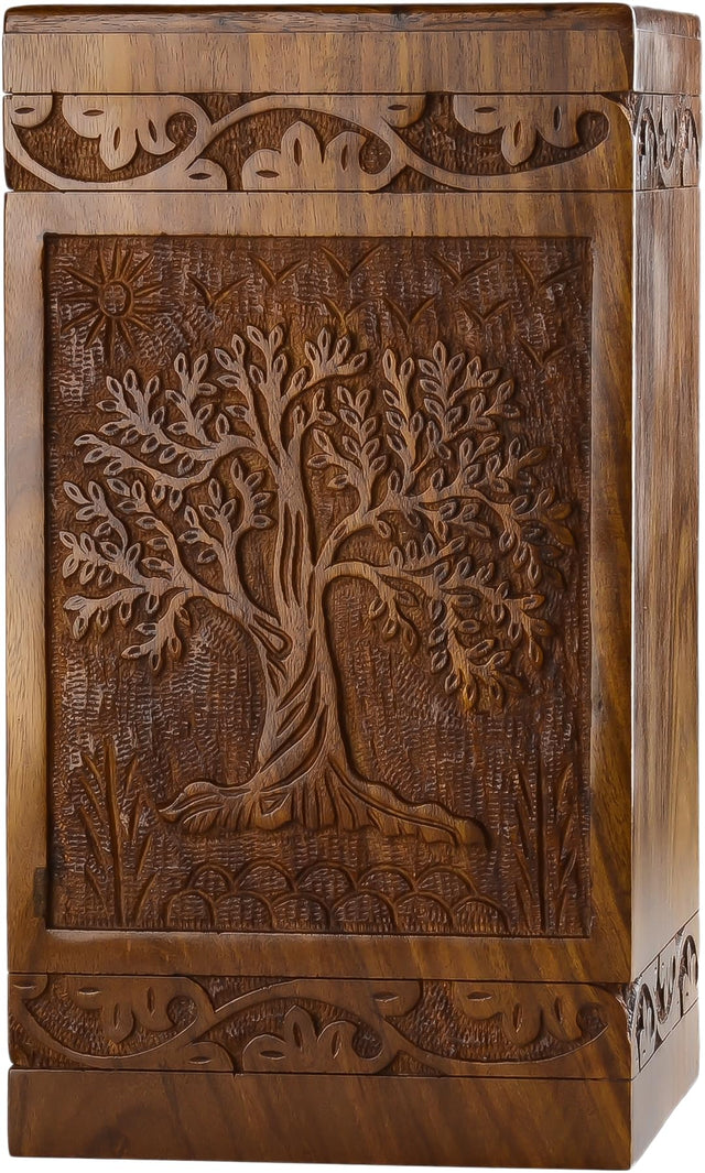 Handcarved Wooden Cremation Urn – Tree of Life – Suitable for Adults – 640lbs Capacity