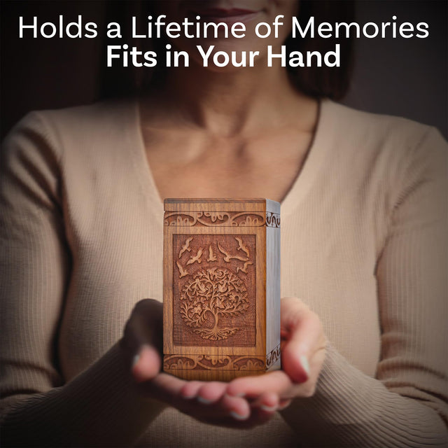 Tree of Life Wooden Urn – Suitable for Men, Women, Mom & Dad – 20lbs Capacity – Mini Rosewood Keepsake Cremation Urn