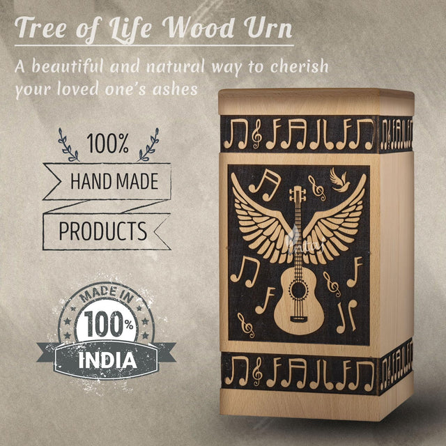 Handcrafted Wooden Cremation Urn – Guitar Wings of Angel – Suitable for Men, Women, Mom & Dad – 250lbs